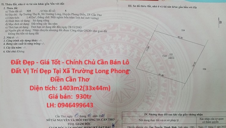 Đất Đẹp - Giá Tốt - Chính Chủ Cần Bán Lô Đất Vị Trí Đẹp Tại Xã Trường Long Phong Điền Cần Thơ